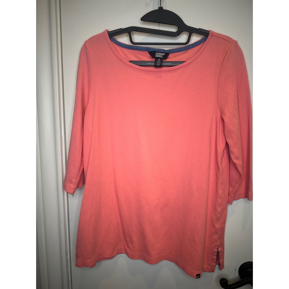 Lands End Womens Coral Pink Boatneck 3/4 Sleeve Cotton Blend Top Size M